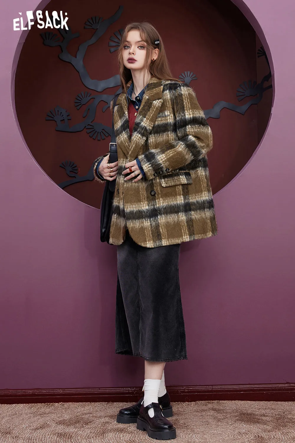 ELFSACK Plaid Woolen Jacket Suit Jackets Women 2023 Winter Academic Style Coats