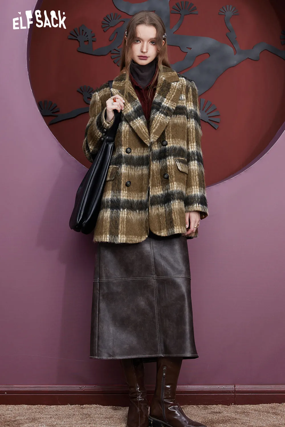 ELFSACK Plaid Woolen Jacket Suit Jackets Women 2023 Winter Academic Style Coats