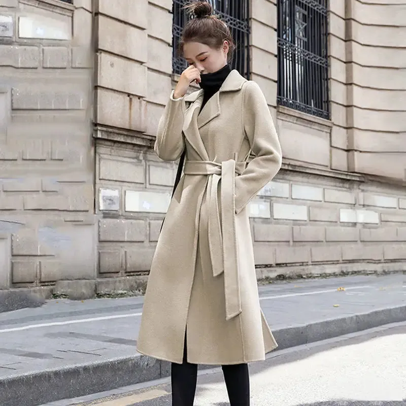 European and American autumn and winter coats for women's clothing Solid color lapel Long sleeved woolen women's coats Simple st