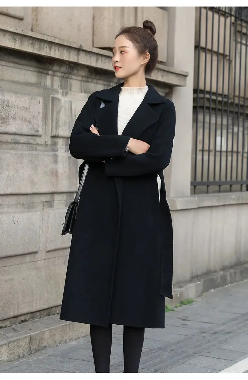 European and American autumn and winter coats for women's clothing Solid color lapel Long sleeved woolen women's coats Simple st