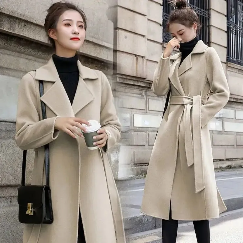 European and American autumn and winter coats for women's clothing Solid color lapel Long sleeved woolen women's coats Simple st