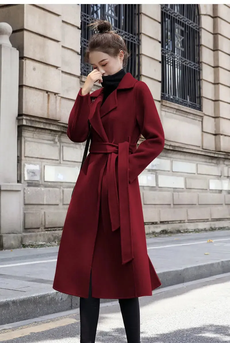 European and American autumn and winter coats for women's clothing Solid color lapel Long sleeved woolen women's coats Simple st