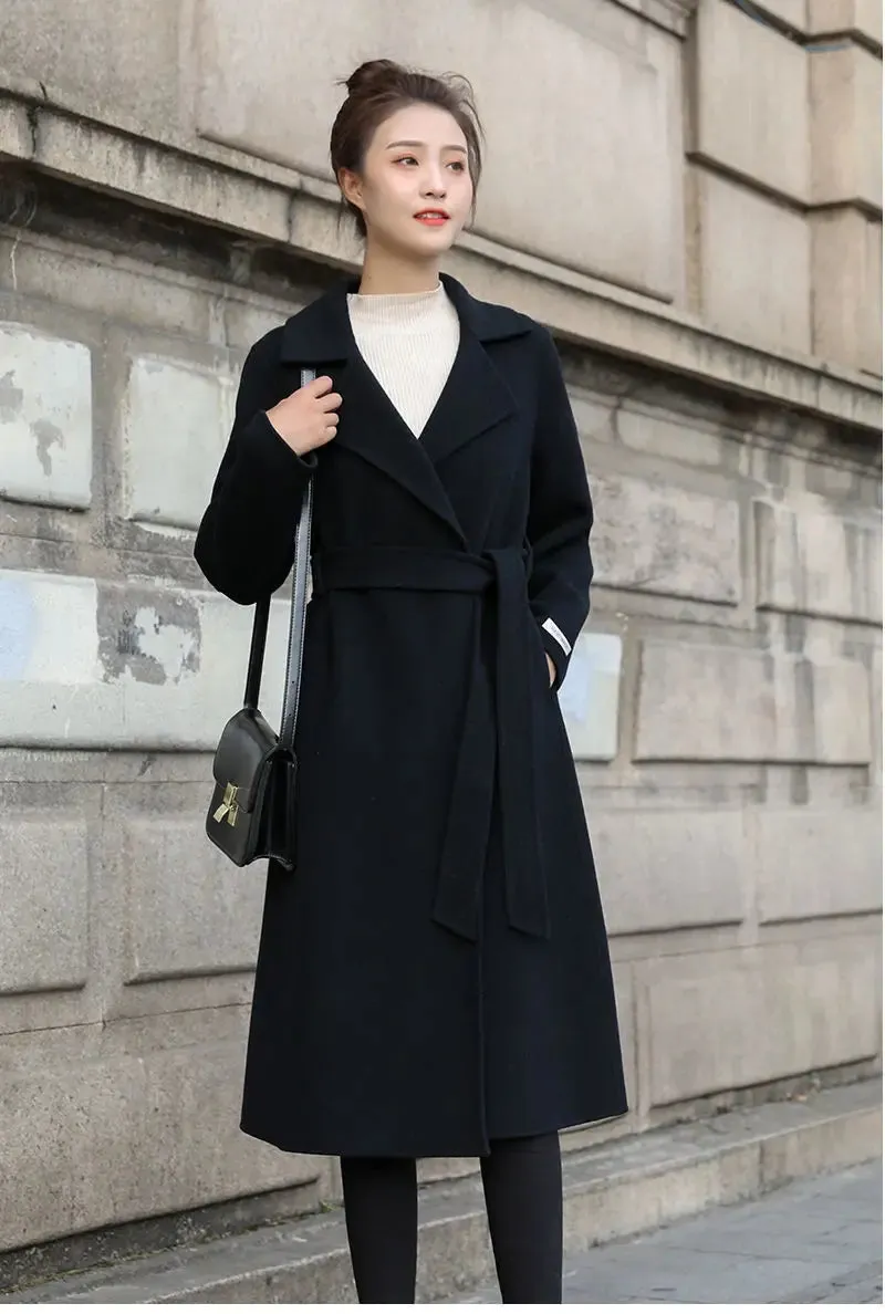 European and American autumn and winter coats for women's clothing Solid color lapel Long sleeved woolen women's coats Simple st