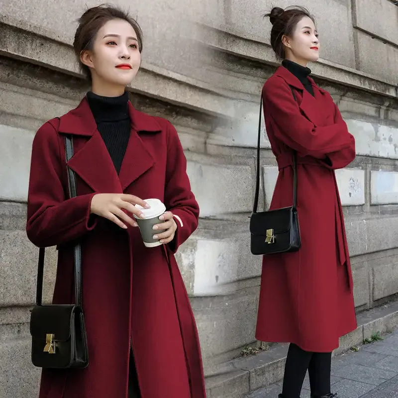 European and American autumn and winter coats for women's clothing Solid color lapel Long sleeved woolen women's coats Simple st