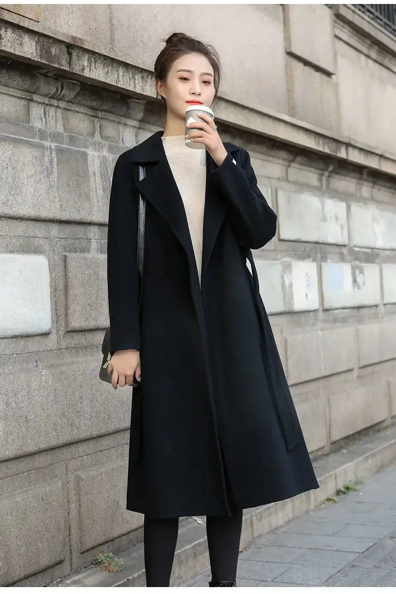European and American autumn and winter coats for women's clothing Solid color lapel Long sleeved woolen women's coats Simple st