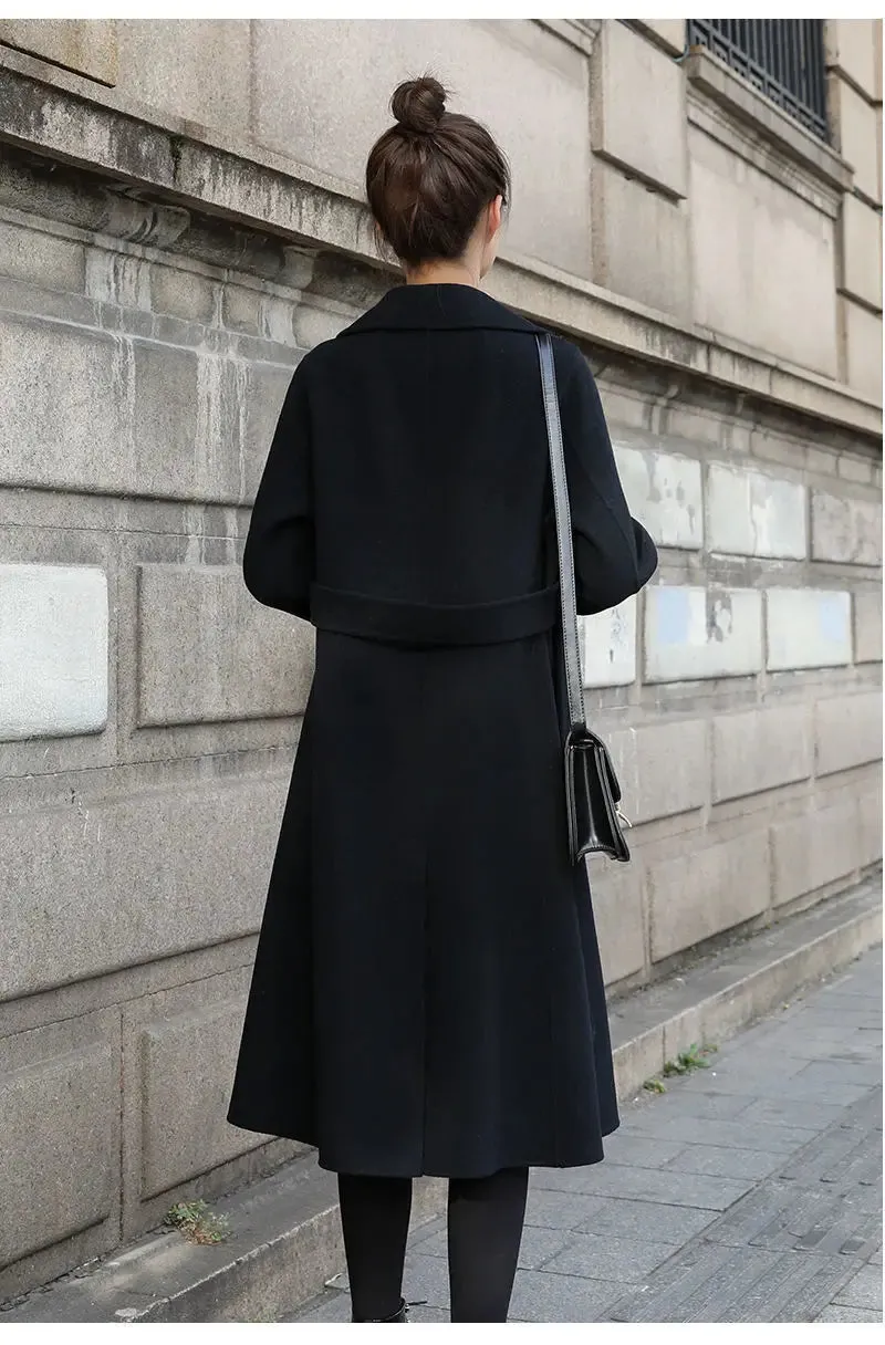 European and American autumn and winter coats for women's clothing Solid color lapel Long sleeved woolen women's coats Simple st