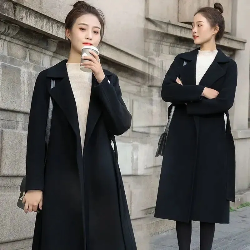 European and American autumn and winter coats for women's clothing Solid color lapel Long sleeved woolen women's coats Simple st