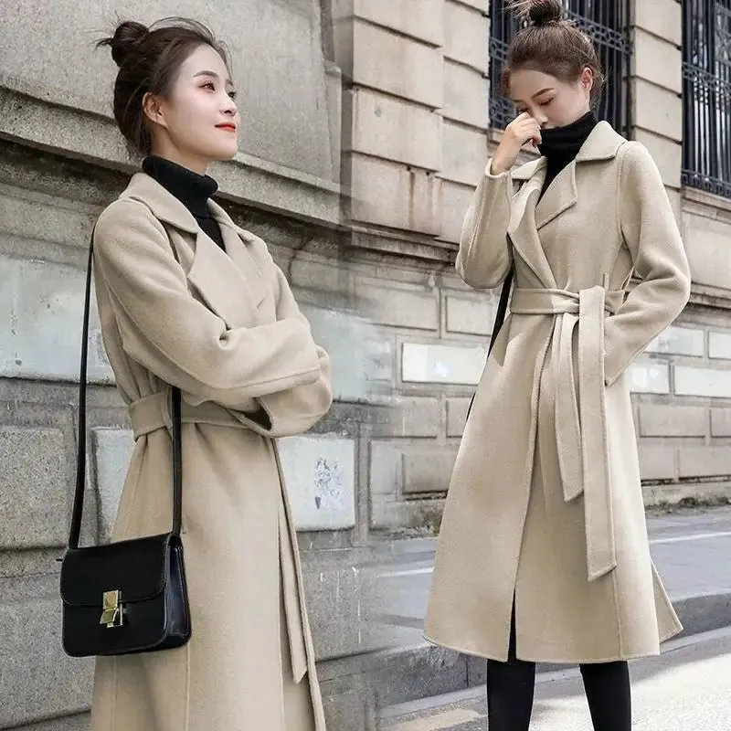 European and American autumn and winter coats for women's clothing Solid color lapel Long sleeved woolen women's coats Simple st
