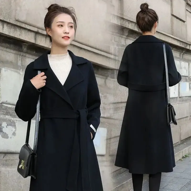 European and American autumn and winter coats for women's clothing Solid color lapel Long sleeved woolen women's coats Simple st