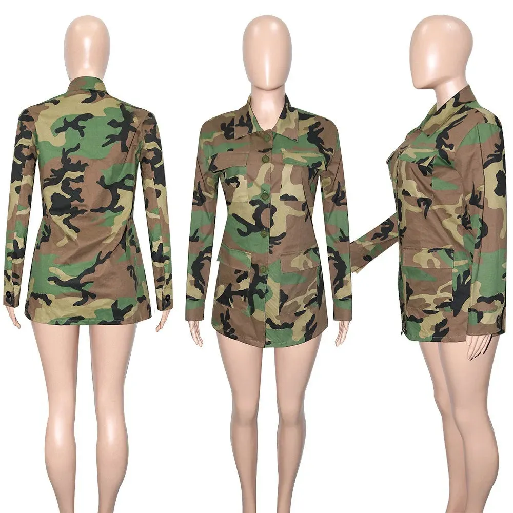 FAGADOER Casual Camouflage Printing Pocket Cargo Jackets Women Turndown Collar Button Long Sleeve Coats Fashion Matching Tops