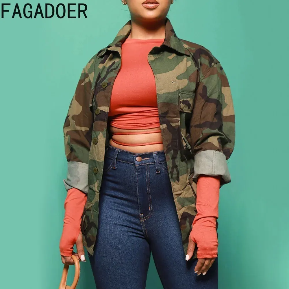 FAGADOER Casual Camouflage Printing Pocket Cargo Jackets Women Turndown Collar Button Long Sleeve Coats Fashion Matching Tops