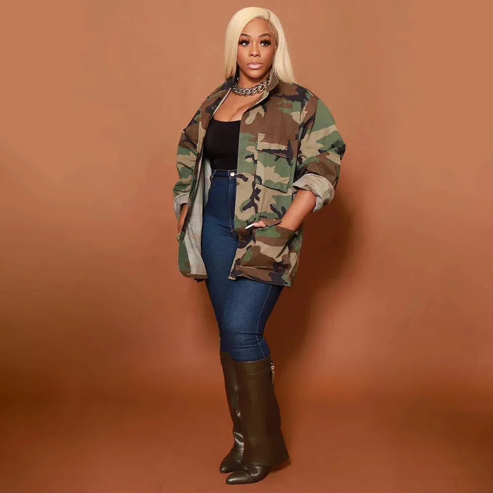 FAGADOER Casual Camouflage Printing Pocket Cargo Jackets Women Turndown Collar Button Long Sleeve Coats Fashion Matching Tops