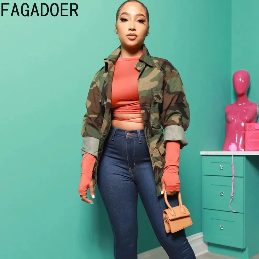 FAGADOER Casual Camouflage Printing Pocket Cargo Jackets Women Turndown Collar Button Long Sleeve Coats Fashion Matching Tops
