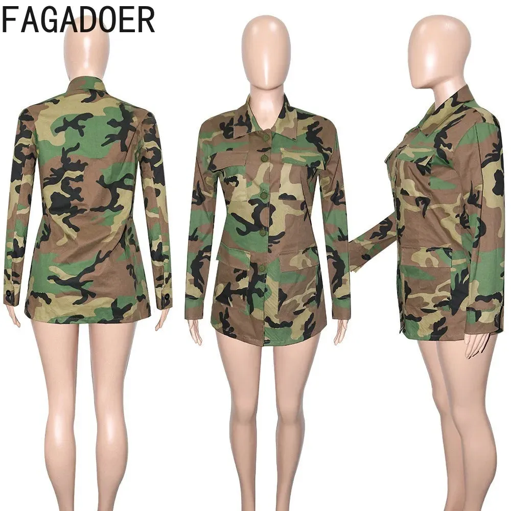 FAGADOER Casual Camouflage Printing Pocket Cargo Jackets Women Turndown Collar Button Long Sleeve Coats Fashion Matching Tops