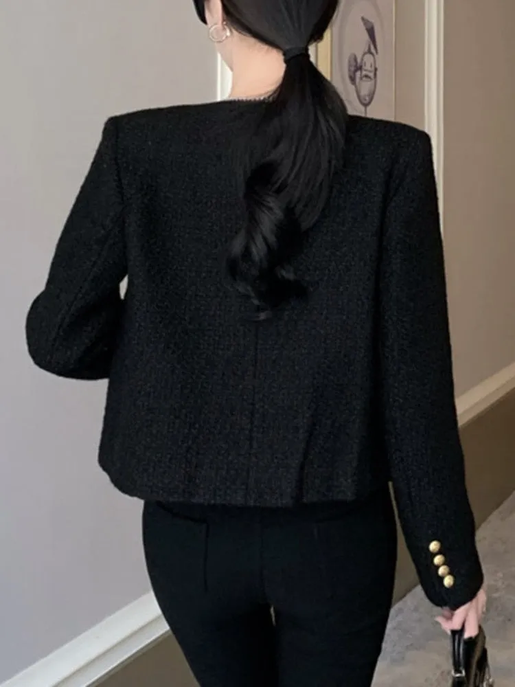 Fall Winter French Vintage Small Fragrant Tweed Jacket Coat Women Elegant Casual Woolen Short Coats Streetwear Outwear Crop Top