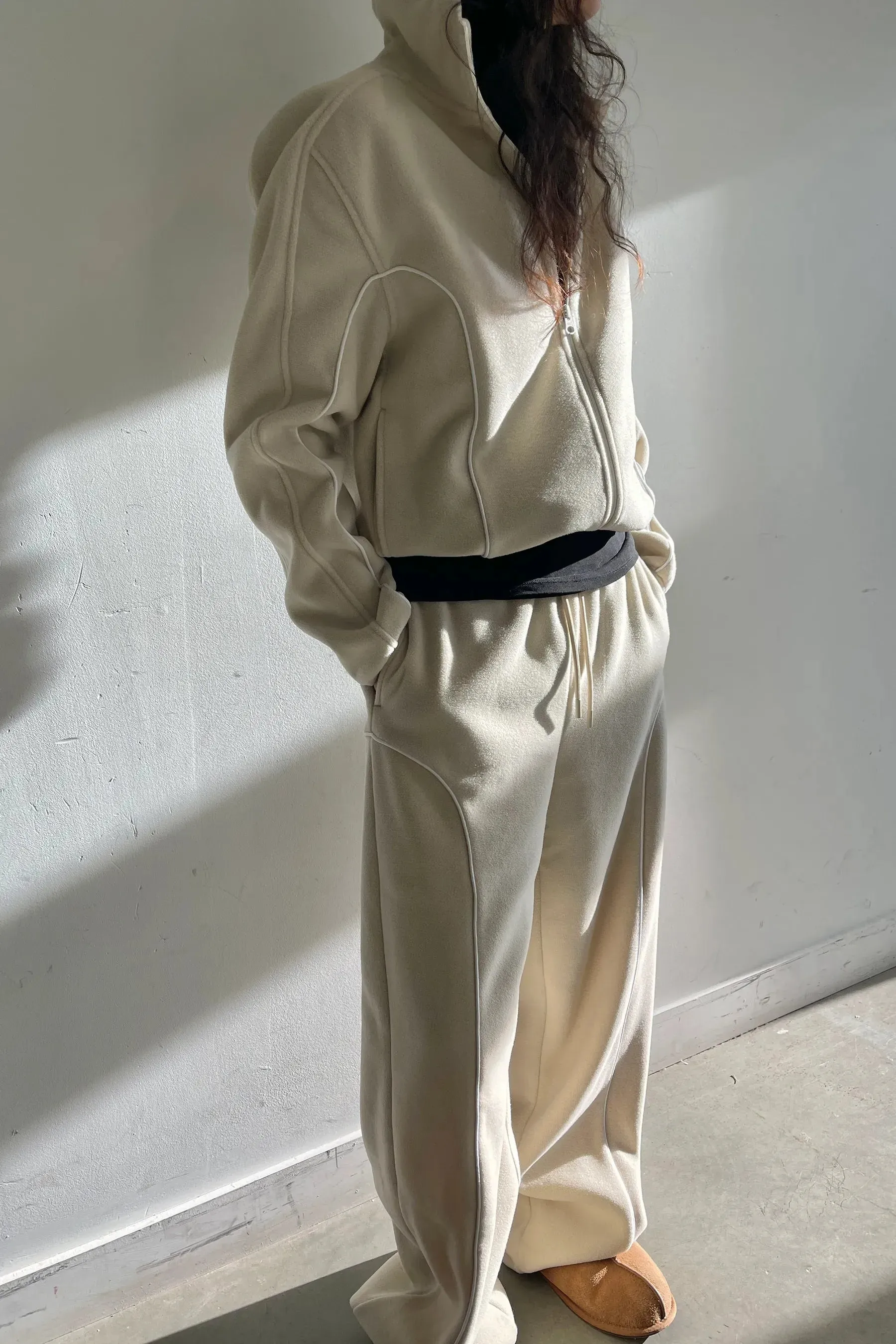 Fleece Zip-Up Hoodie With Contrast Piping
