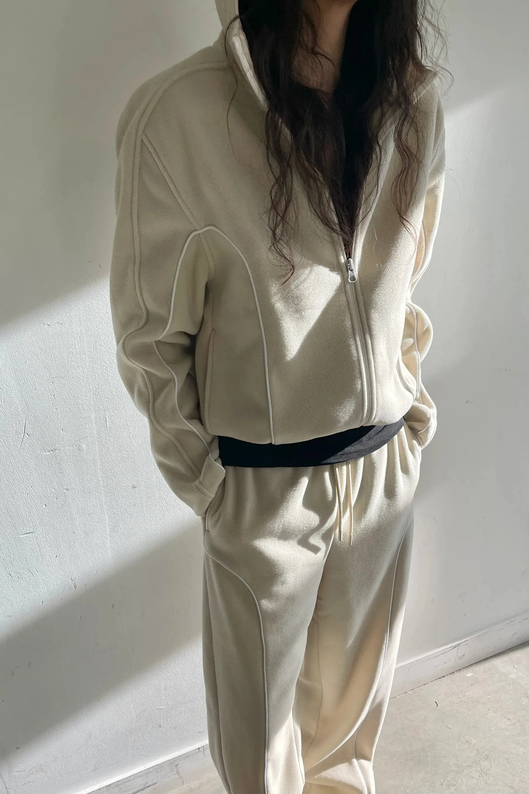 Fleece Zip-Up Hoodie With Contrast Piping
