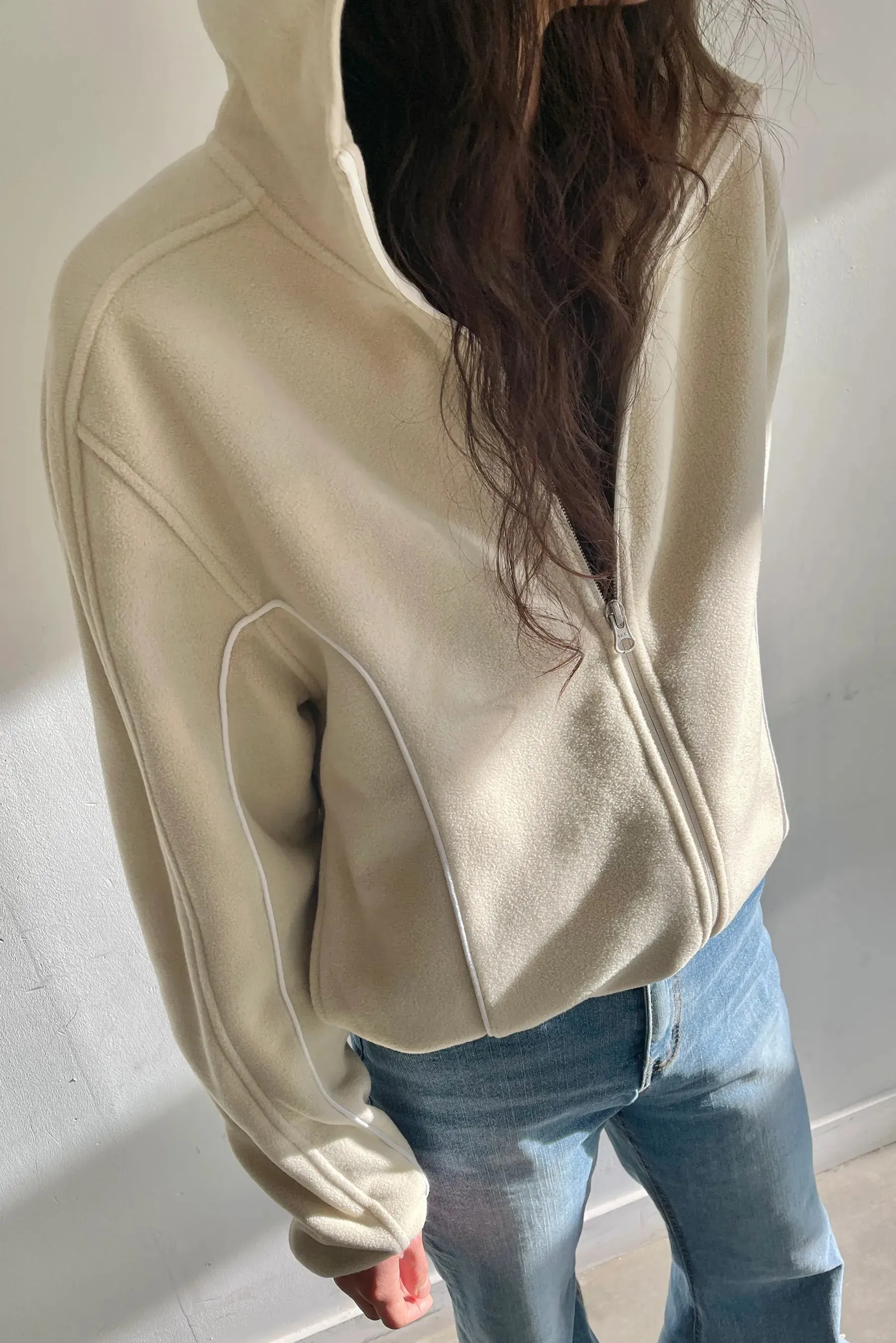 Fleece Zip-Up Hoodie With Contrast Piping