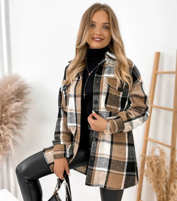 For Women Fashion Winter Long Sleeve Woolen Coats Casual Jackets Female Plaid Print Shirt Woolen Jacket Tops Outerwear New