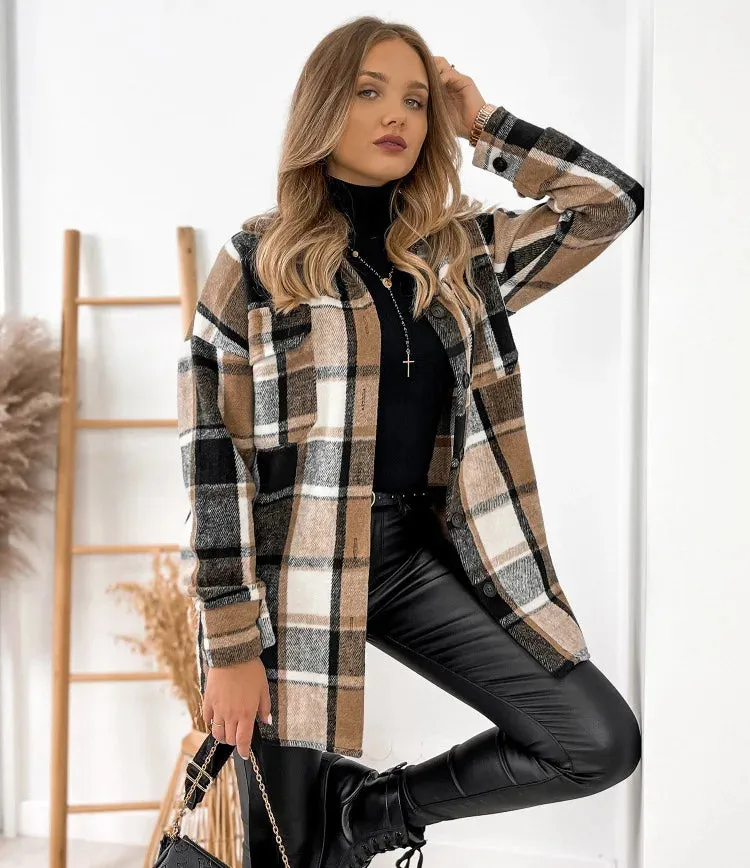 For Women Fashion Winter Long Sleeve Woolen Coats Casual Jackets Female Plaid Print Shirt Woolen Jacket Tops Outerwear New