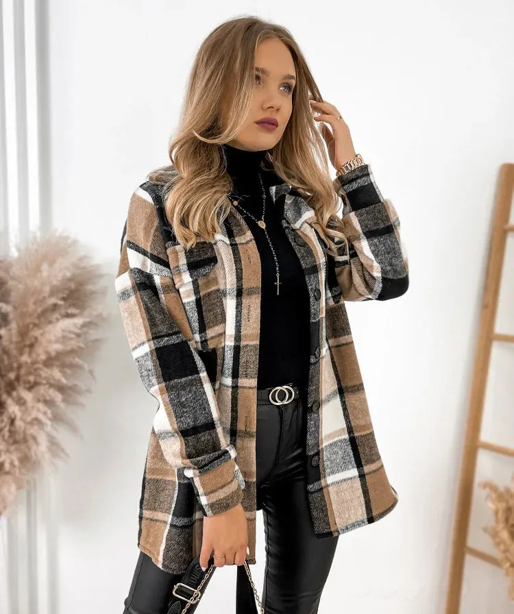 For Women Fashion Winter Long Sleeve Woolen Coats Casual Jackets Female Plaid Print Shirt Woolen Jacket Tops Outerwear New