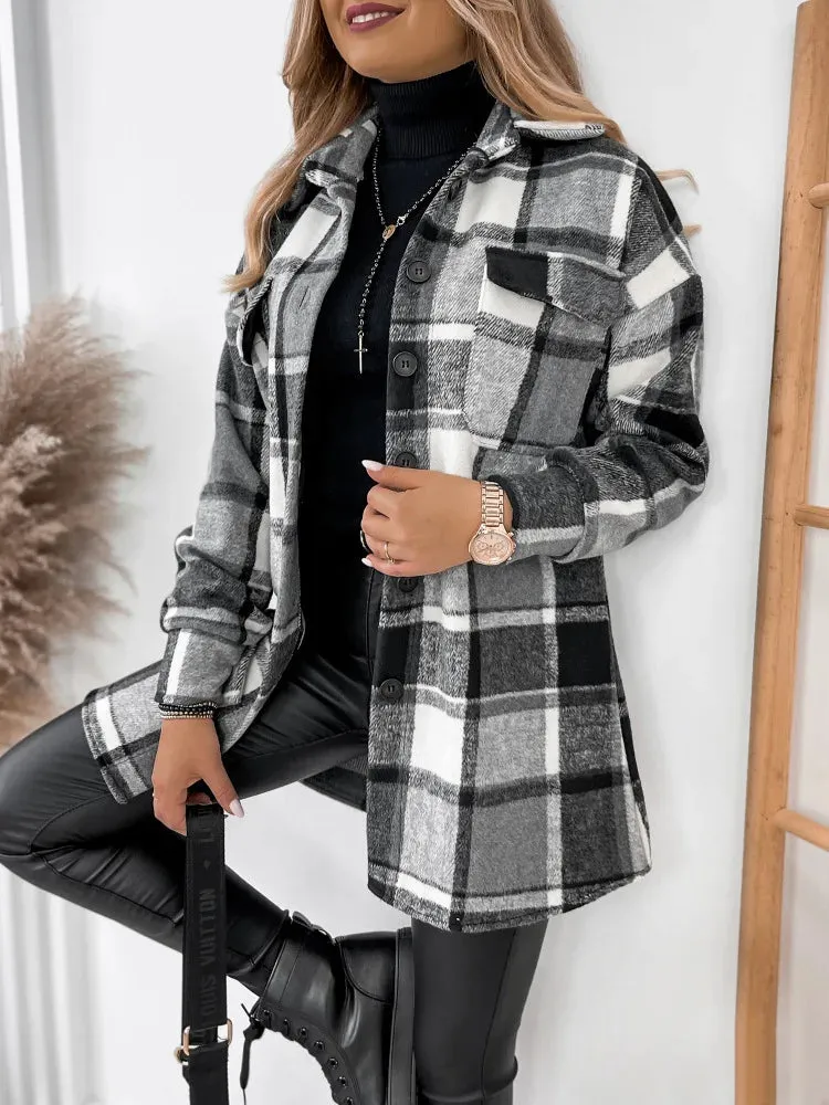 For Women Fashion Winter Long Sleeve Woolen Coats Casual Jackets Female Plaid Print Shirt Woolen Jacket Tops Outerwear New