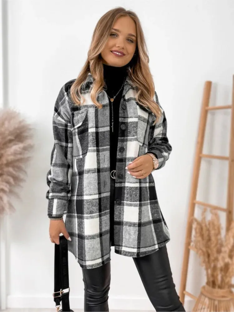 For Women Fashion Winter Long Sleeve Woolen Coats Casual Jackets Female Plaid Print Shirt Woolen Jacket Tops Outerwear New
