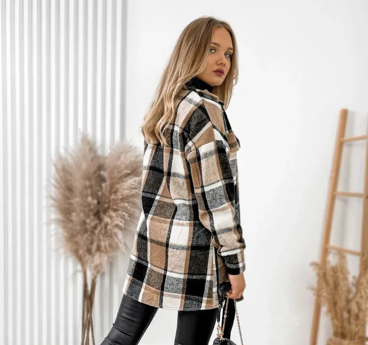 For Women Fashion Winter Long Sleeve Woolen Coats Casual Jackets Female Plaid Print Shirt Woolen Jacket Tops Outerwear New