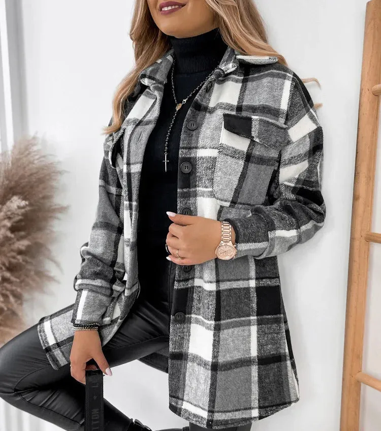 For Women Fashion Winter Long Sleeve Woolen Coats Casual Jackets Female Plaid Print Shirt Woolen Jacket Tops Outerwear New