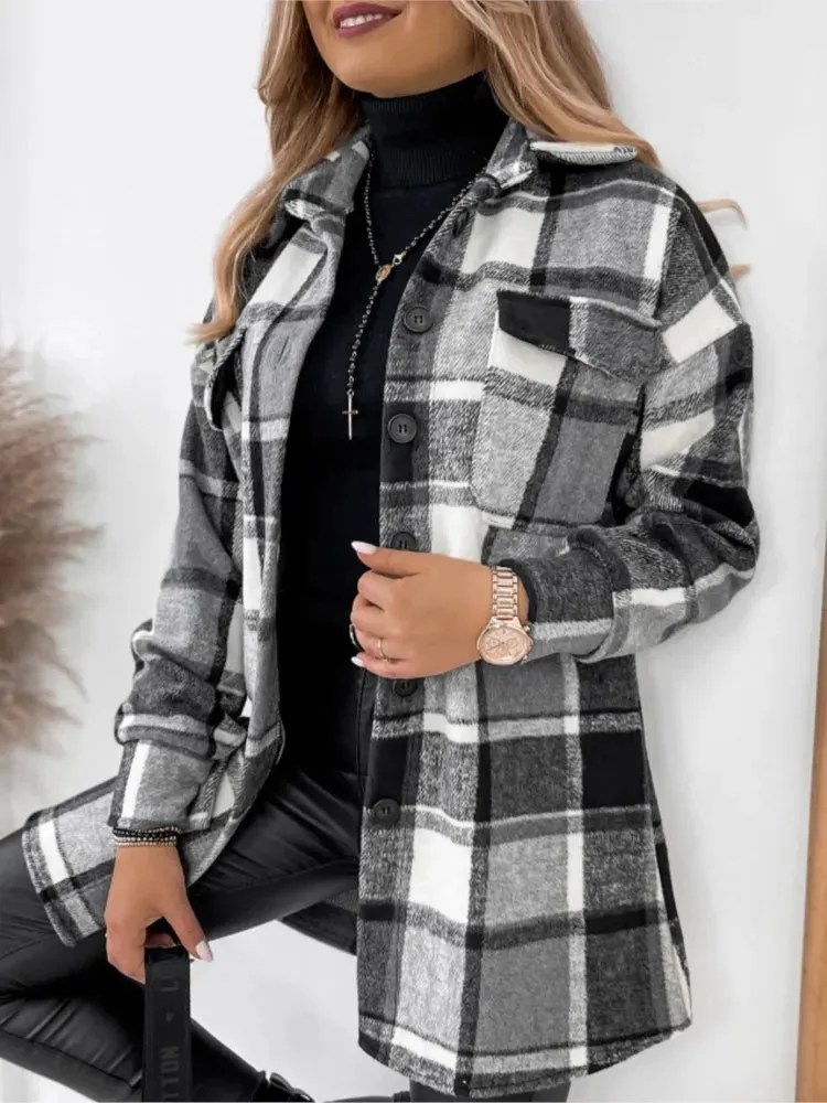 For Women Fashion Winter Long Sleeve Woolen Coats Casual Jackets Female Plaid Print Shirt Woolen Jacket Tops Outerwear New