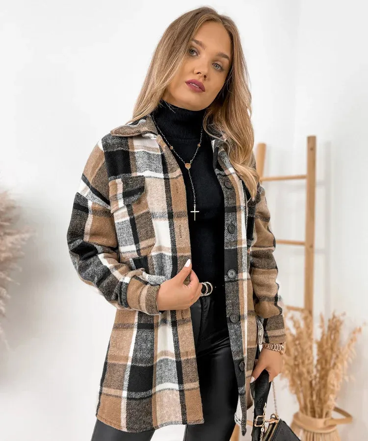 For Women Fashion Winter Long Sleeve Woolen Coats Casual Jackets Female Plaid Print Shirt Woolen Jacket Tops Outerwear New