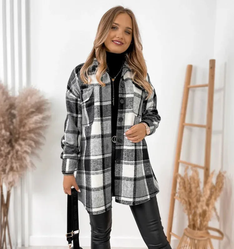For Women Fashion Winter Long Sleeve Woolen Coats Casual Jackets Female Plaid Print Shirt Woolen Jacket Tops Outerwear New