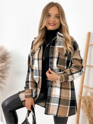 For Women Fashion Winter Long Sleeve Woolen Coats Casual Jackets Female Plaid Print Shirt Woolen Jacket Tops Outerwear New