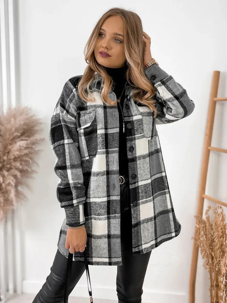 For Women Fashion Winter Long Sleeve Woolen Coats Casual Jackets Female Plaid Print Shirt Woolen Jacket Tops Outerwear New