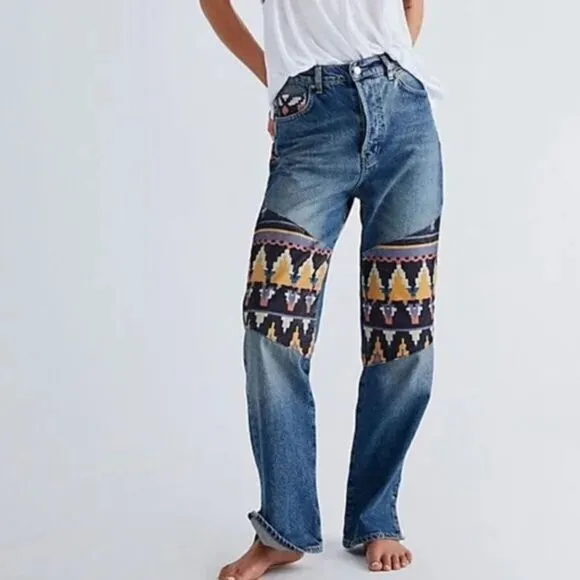Free People Rocky Mountain Patchwork Jeans NWOT