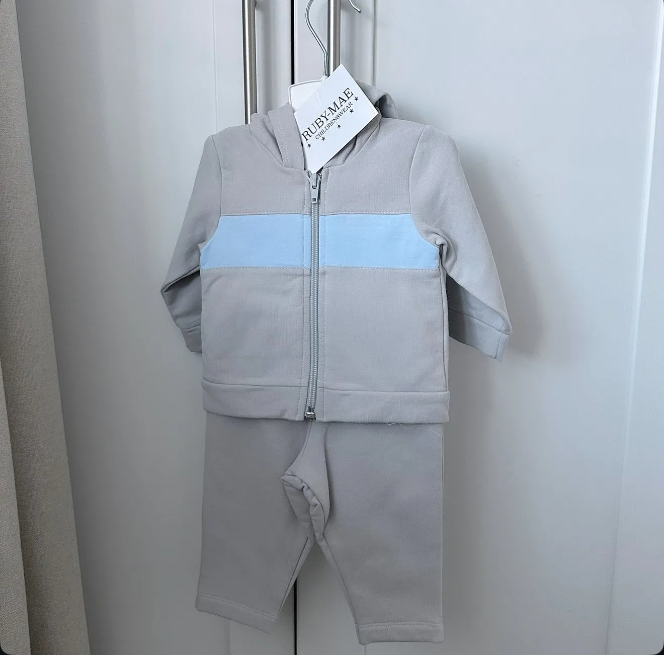 Grey With Blue Stripe Hooded Tracksuit - Lucas