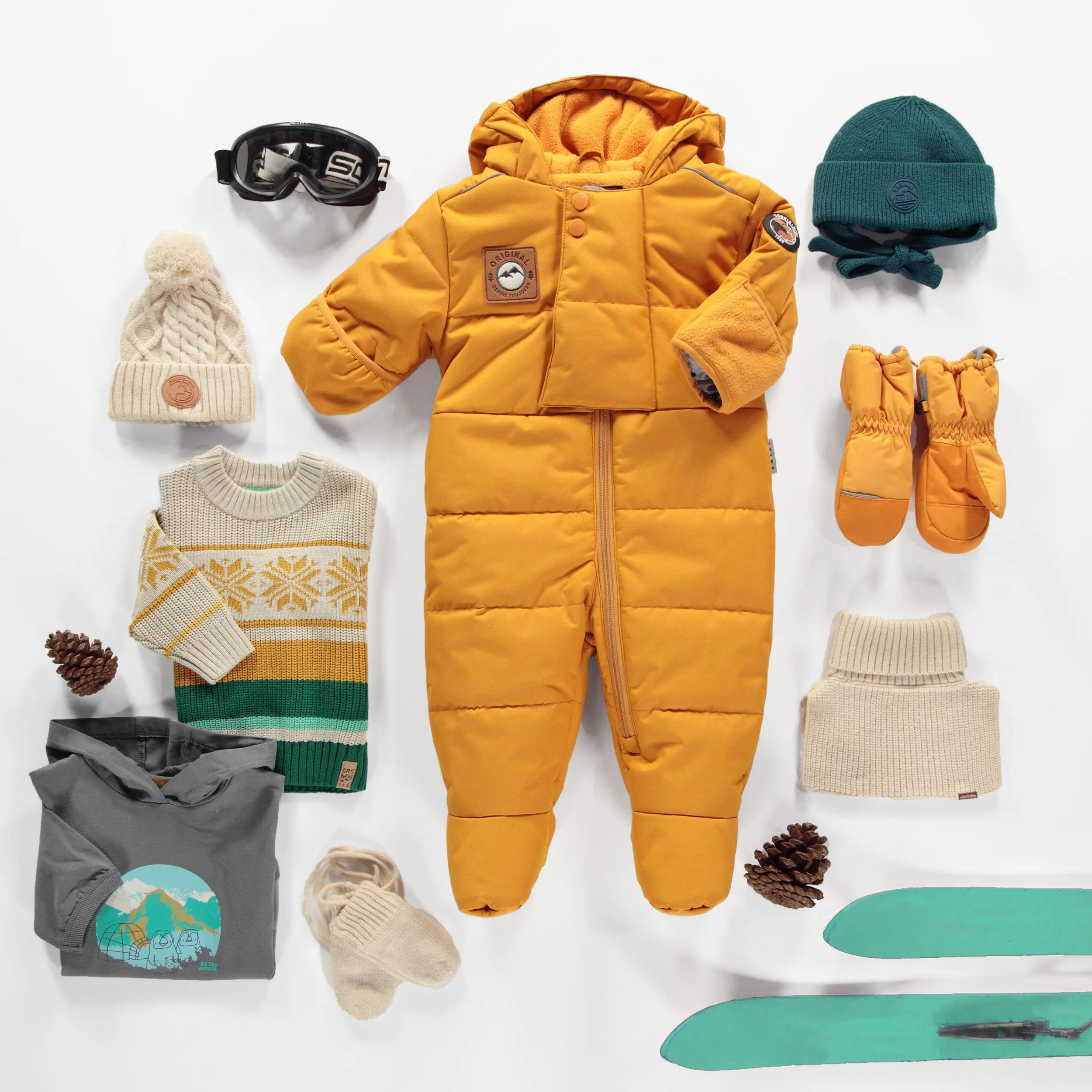 Habit de neige matelassé jaune une-pièce avec capuchon, bébé || One-piece yellow padded snowsuit with hood, baby