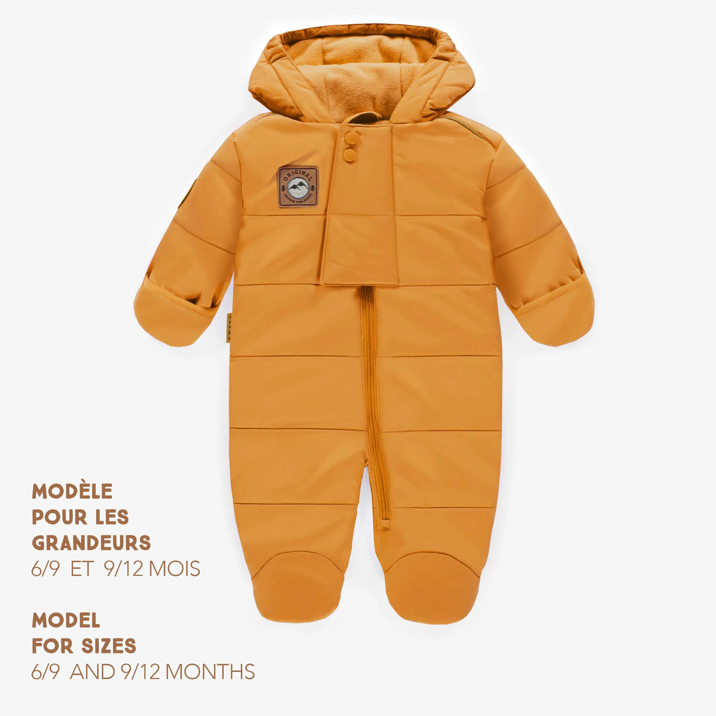 Habit de neige matelassé jaune une-pièce avec capuchon, bébé || One-piece yellow padded snowsuit with hood, baby