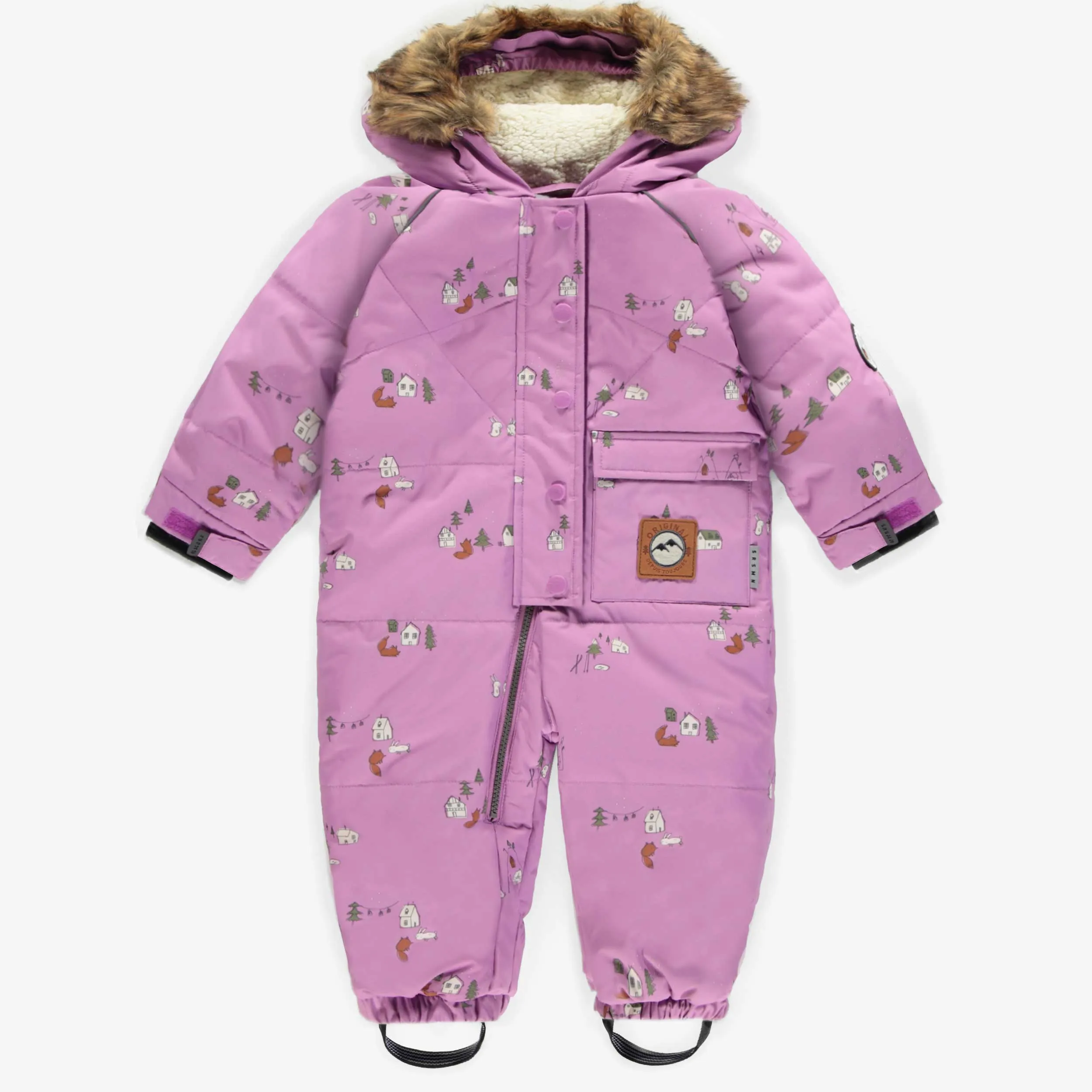 Habit de neige mauve une-pièce avec motifs et fausse fourrure, bébé || One-piece purple snowsuit with patterns and faux fur, baby