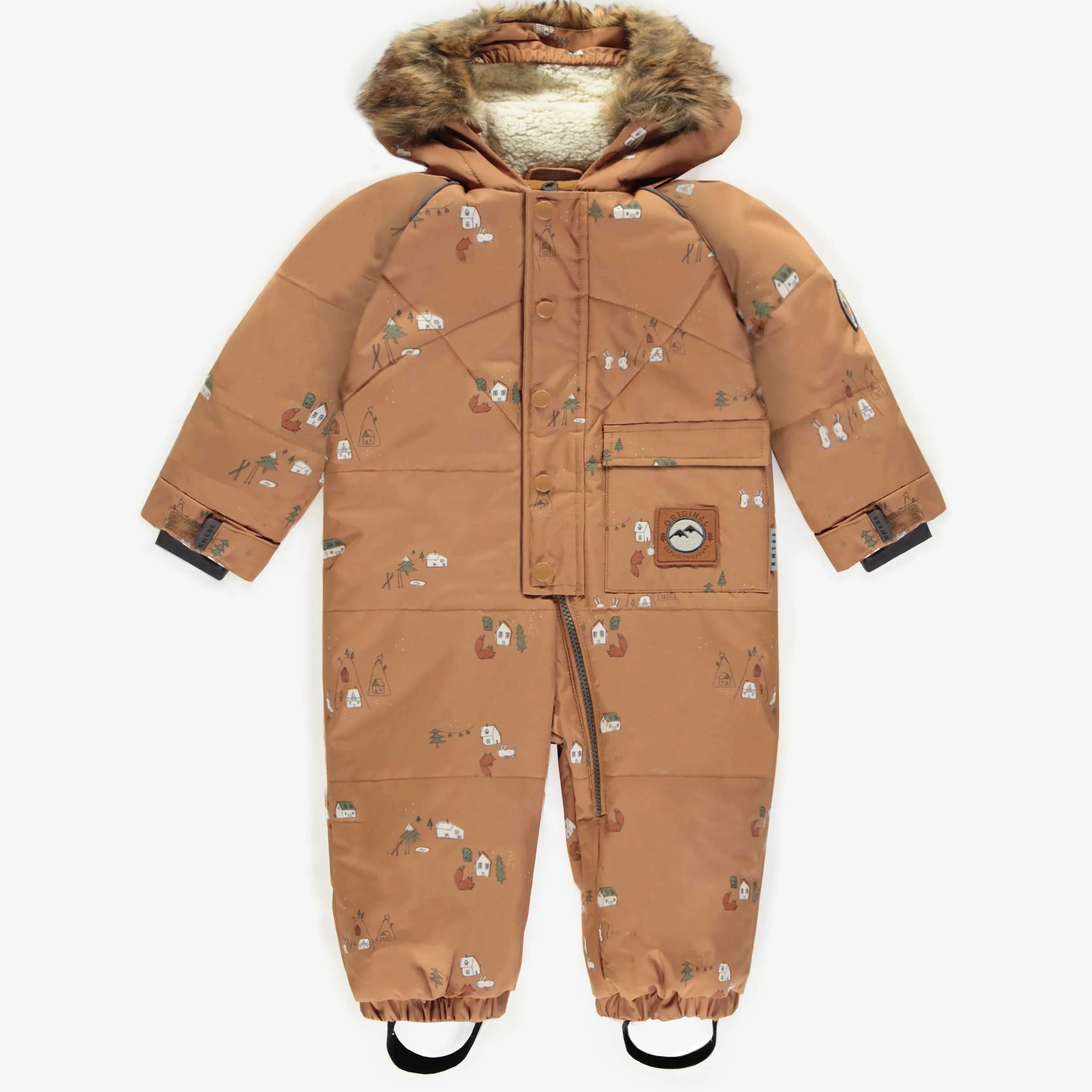 Habit de neige une-pièce brun à motifs et fausse fourrure, bébé || One-piece brown snowsuit with print and faux fur, baby