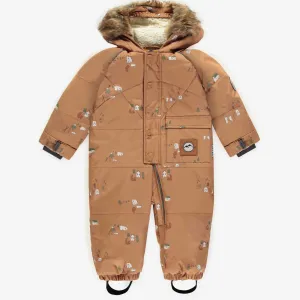 Habit de neige une-pièce brun à motifs et fausse fourrure, bébé || One-piece brown snowsuit with print and faux fur, baby