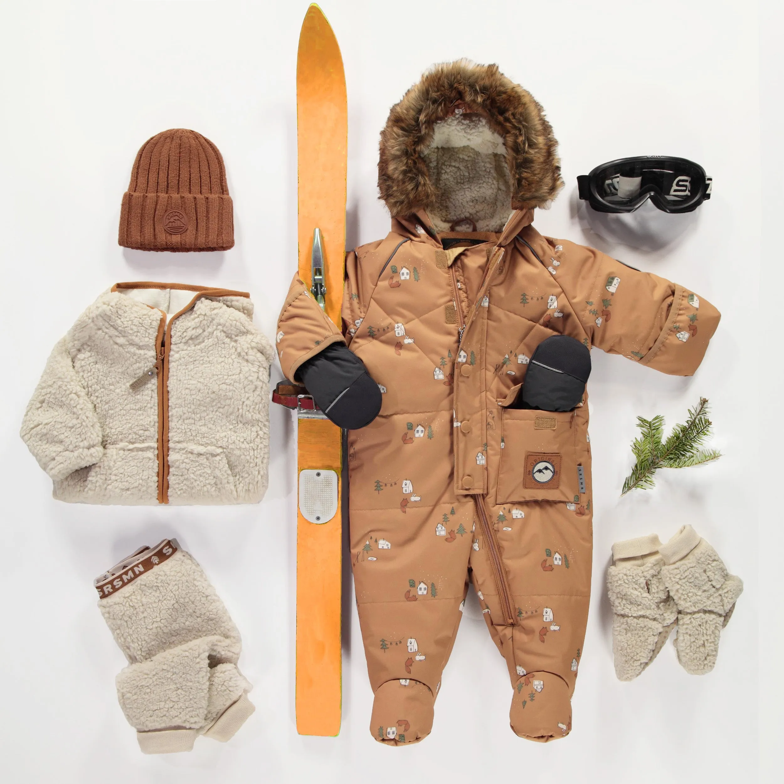 Habit de neige une-pièce brun à motifs et fausse fourrure, bébé || One-piece brown snowsuit with print and faux fur, baby