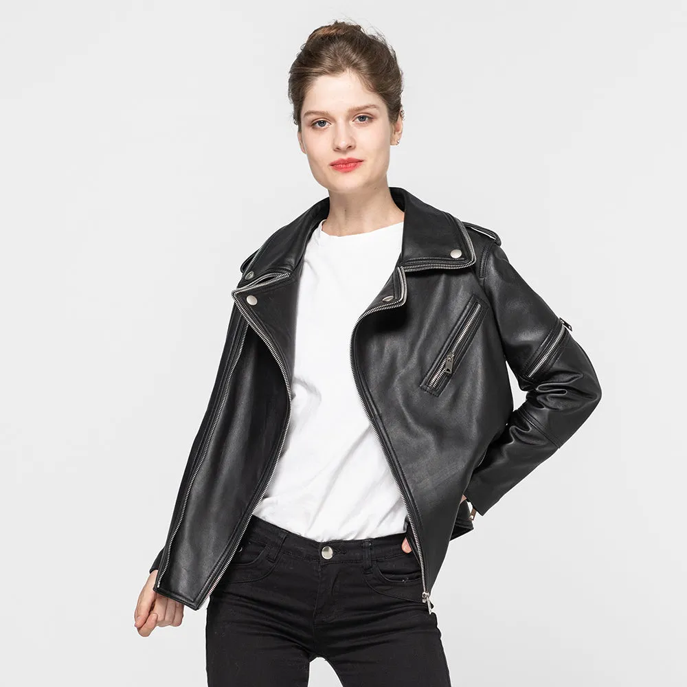 Lady Genuine Sheepskin Leather Black New Style Leather Coat