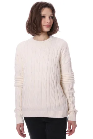 Minnie Rose Cotton Cable Crew With Ottoman Stripe Sleeve