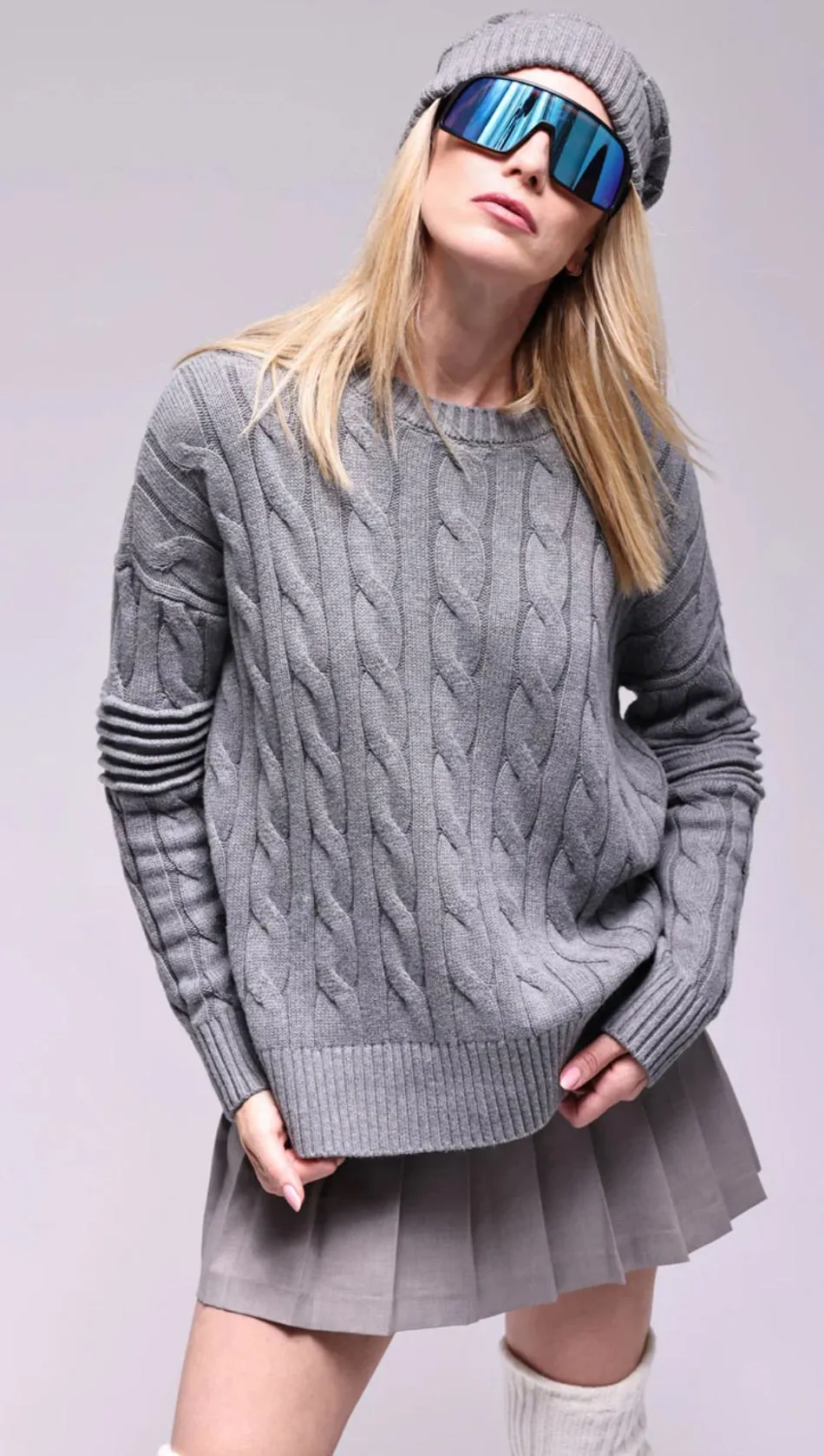 Minnie Rose Cotton Cable Crew With Ottoman Stripe Sleeve