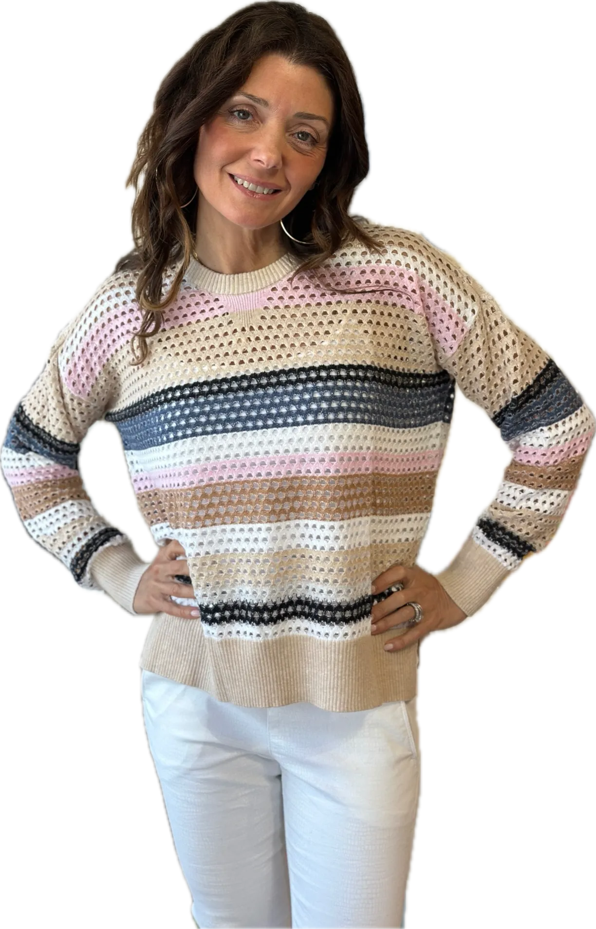 Minnie Rose Striped Mesh Sweater