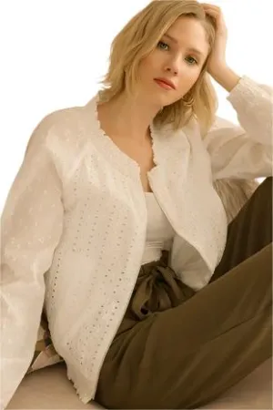 MIXED EYELET LACE SMOCKED BANDS BOMBER JACKET
