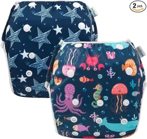 New 2 PACK Babygoal Baby Reusable Swim Diapers,Washable and Adjustable Snaps Grow with your child for Babies 0-3 Years, Great for Swim Lessons, Pool or Beach! Seahorse/stars! Retails $19 