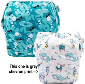New 2 PACK Babygoal Baby Reusable Swim Diapers,Washable and Adjustable Snaps Grow with your child for Babies 0-3 Years, Great for Swim Lessons, Pool or Beach! Shark/Stripe! Retails $19 