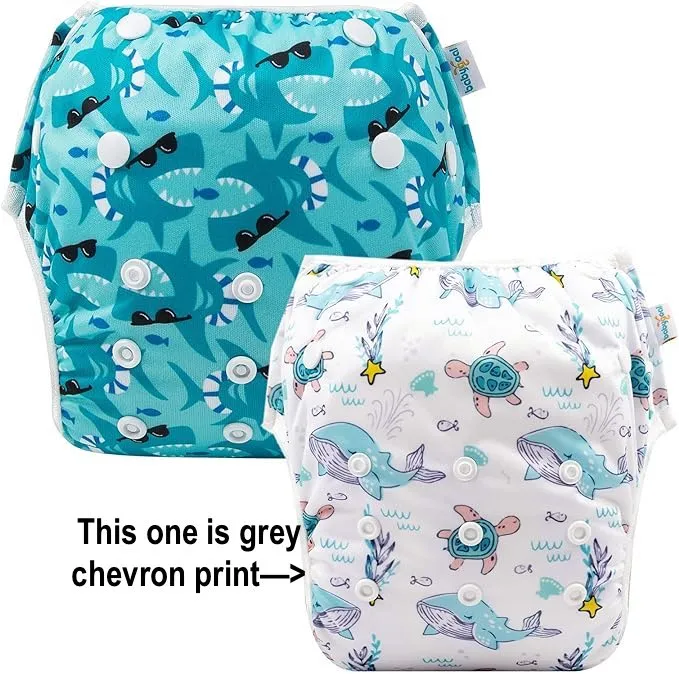 New 2 PACK Babygoal Baby Reusable Swim Diapers,Washable and Adjustable Snaps Grow with your child for Babies 0-3 Years, Great for Swim Lessons, Pool or Beach! Shark/Stripe! Retails $19 